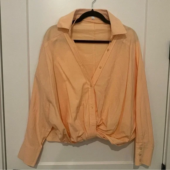 Mable Mariah Cropped Twist Hem Collared Button Up Blouse in Orange Cream - Picture 8 of 8